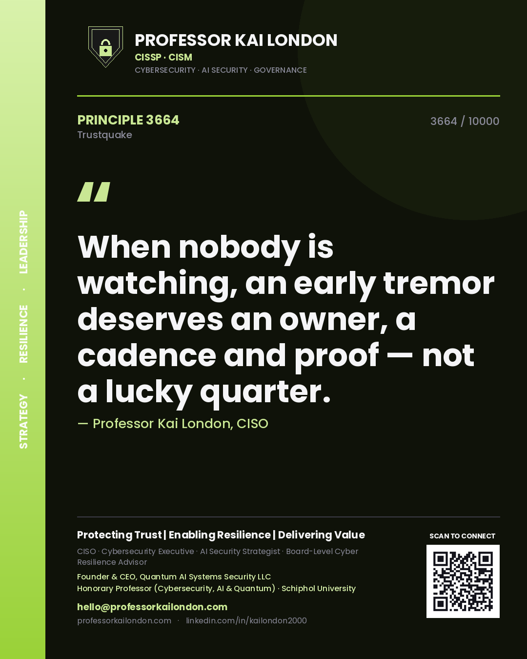 Quote card by Professor Kai London reading 'When nobody is watching, an early tremor deserves an owner, a cadence and proof — not a lucky quarter.'. From the book Trustquake.