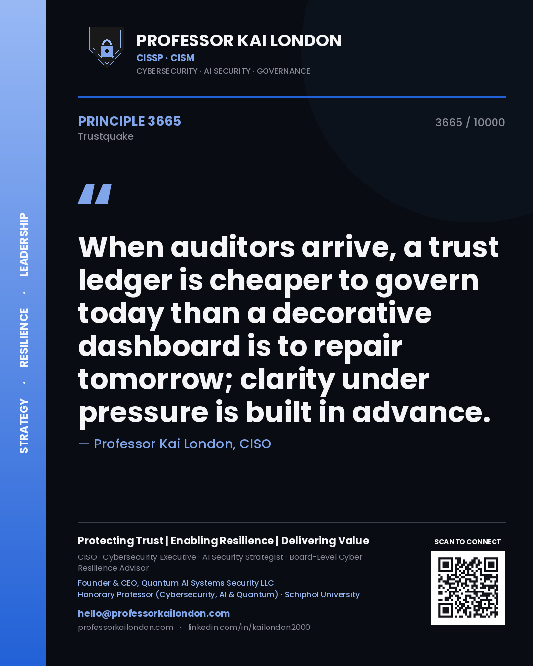 Professor Kai London principle 3665: When auditors arrive, a trust ledger is cheaper to govern today than a decorative dashboard is to repair tomorrow; clarity under pressure is built in advance.