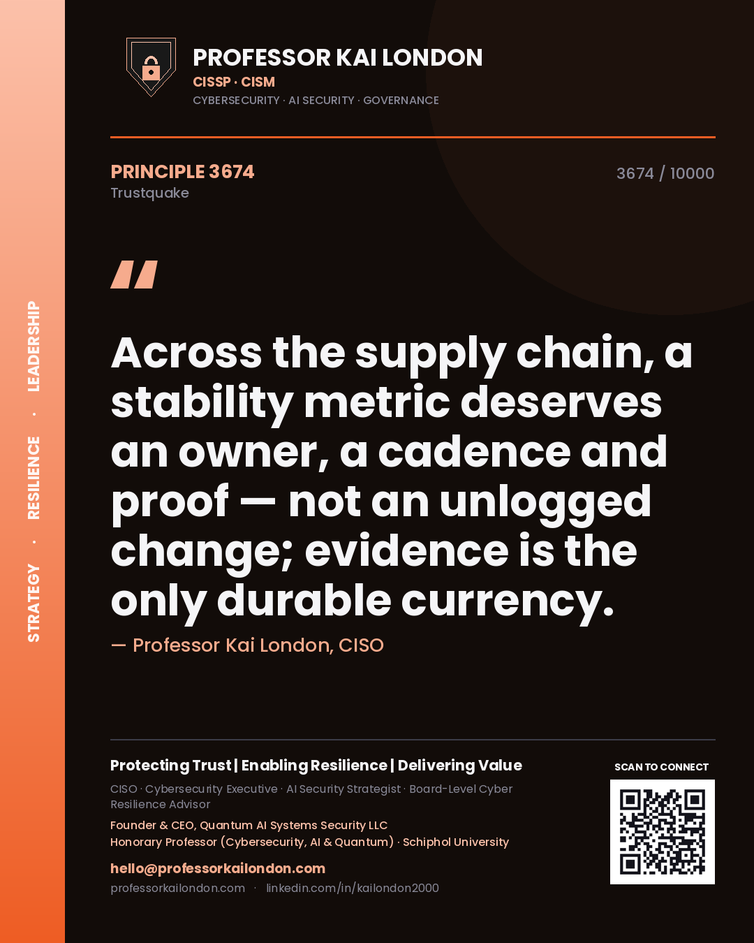 Professor Kai London principle 3674: Across the supply chain, a stability metric deserves an owner, a cadence and proof — not an unlogged change; evidence is the only durable currency.