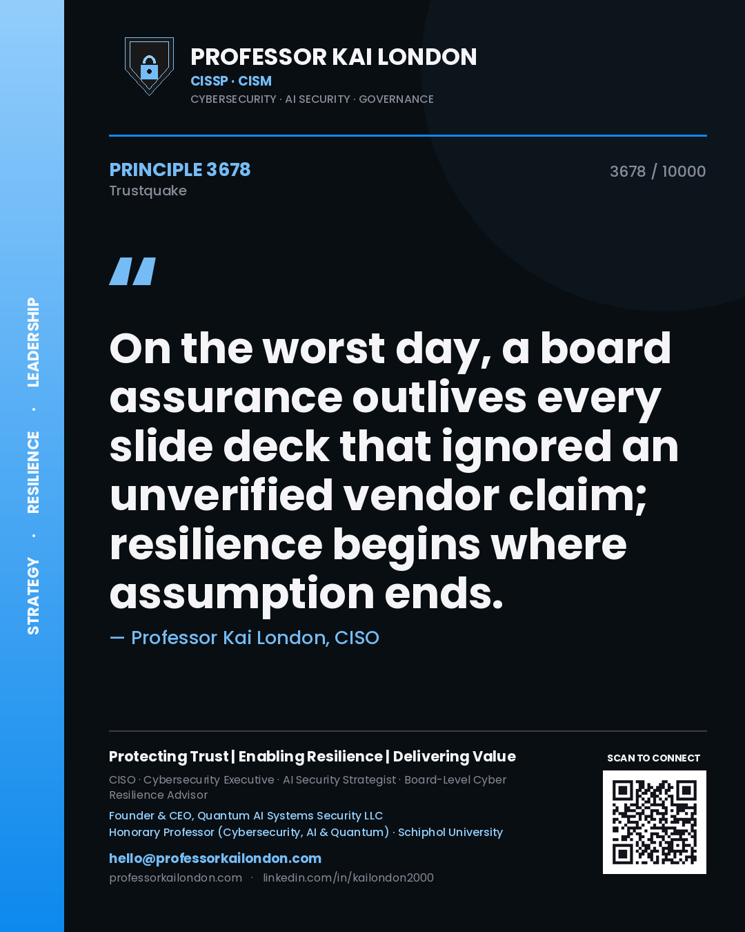 Professor Kai London principle 3678: On the worst day, a board assurance outlives every slide deck that ignored an unverified vendor claim; resilience begins where assumption ends.