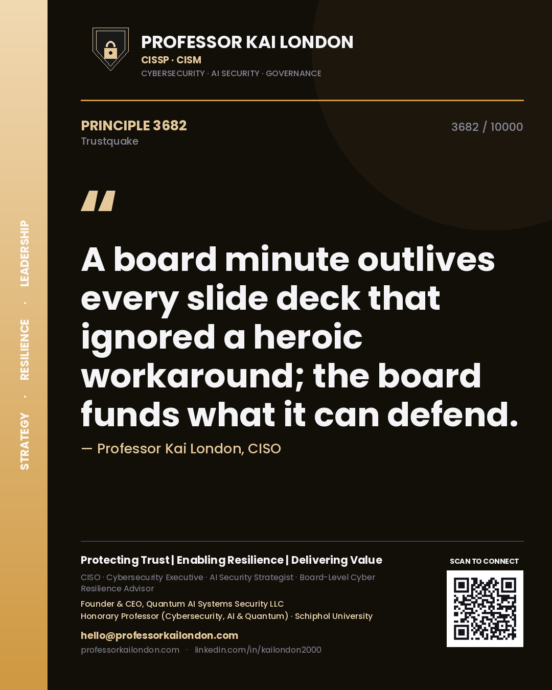 Professor Kai London principle 3682: A board minute outlives every slide deck that ignored a heroic workaround; the board funds what it can defend.