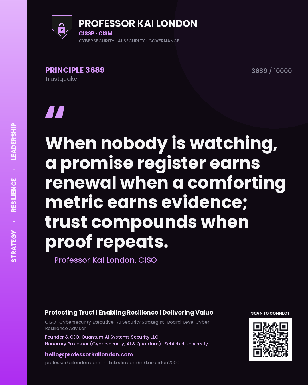 Professor Kai London principle 3689: When nobody is watching, a promise register earns renewal when a comforting metric earns evidence; trust compounds when proof repeats.