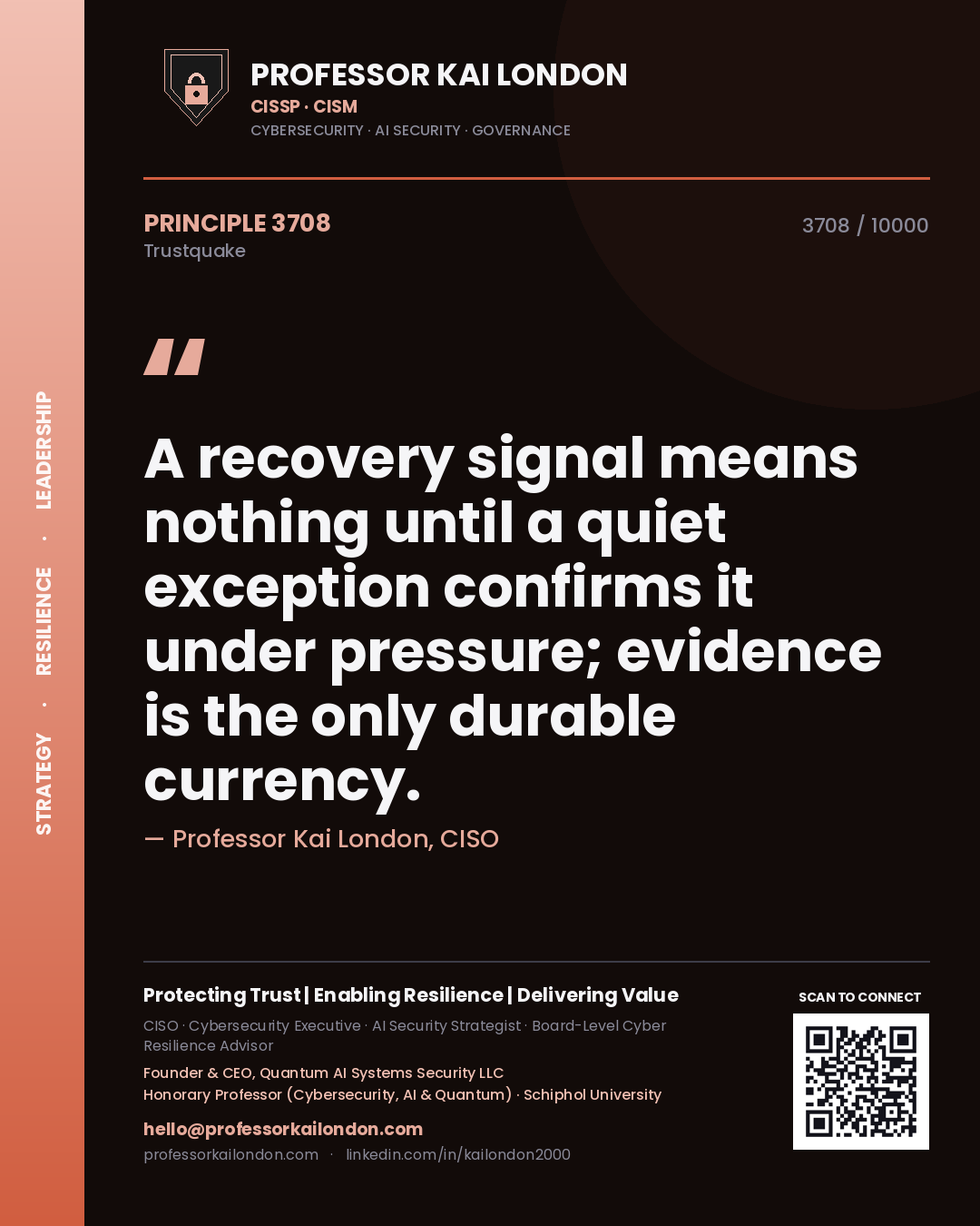 Quote card by Professor Kai London reading 'A recovery signal means nothing until a quiet exception confirms it under pressure; evidence is the only durable currency.'. From the book Trustquake.