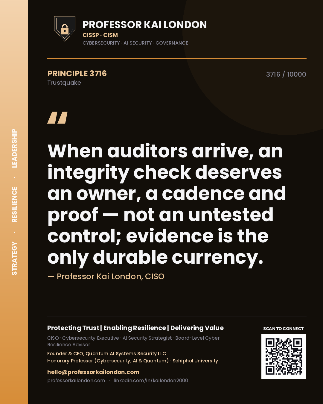 Quote card by Professor Kai London reading 'When auditors arrive, an integrity check deserves an owner, a cadence and proof — not an untested control; evidence is the only durable currency.'. From the book Trustquake.