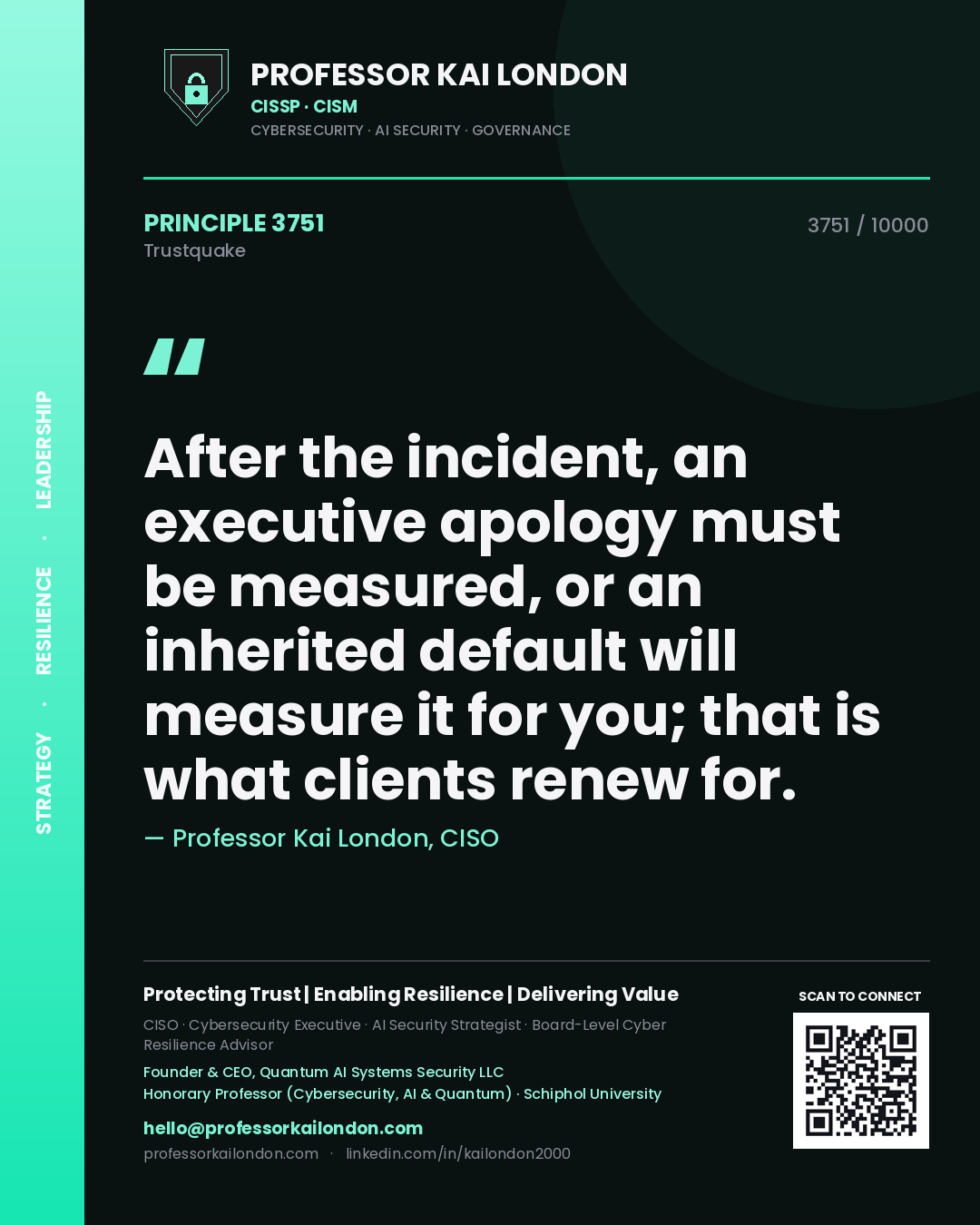 Quote card by Professor Kai London reading 'After the incident, an executive apology must be measured, or an inherited default will measure it for you; that is what clients renew for.'. From the book Trustquake.