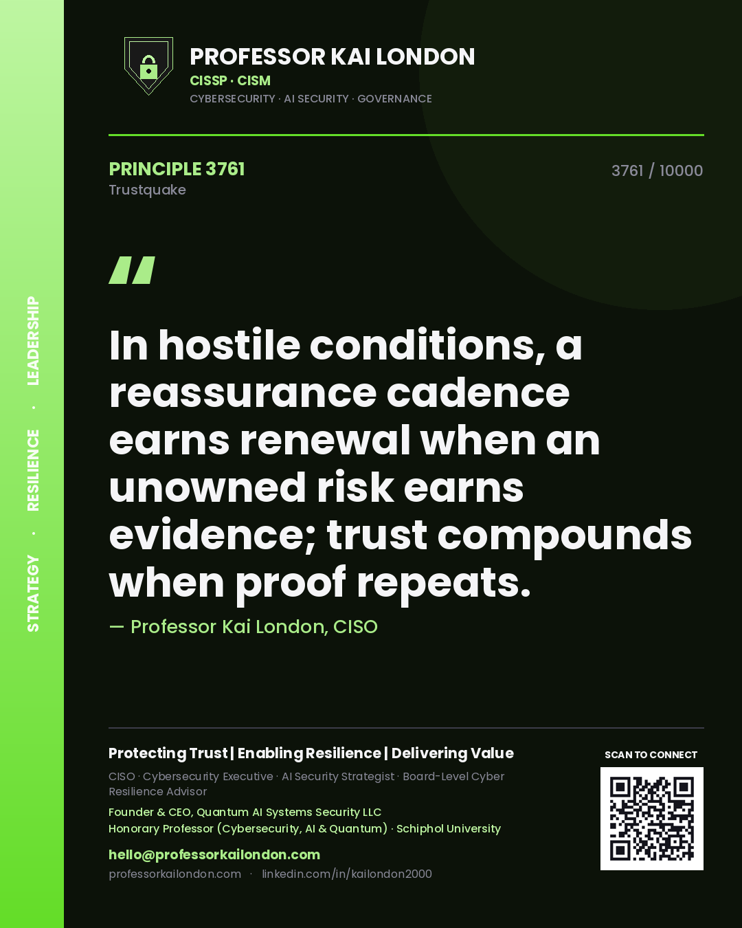 Quote card by Professor Kai London reading 'In hostile conditions, a reassurance cadence earns renewal when an unowned risk earns evidence; trust compounds when proof repeats.'. From the book Trustquake.