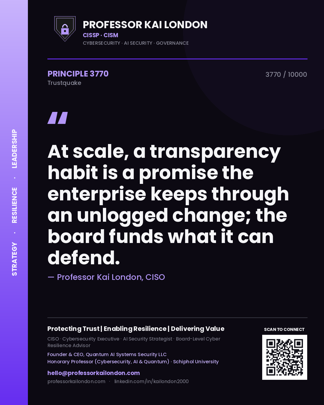Quote card by Professor Kai London reading 'At scale, a transparency habit is a promise the enterprise keeps through an unlogged change; the board funds what it can defend.'. From the book Trustquake.