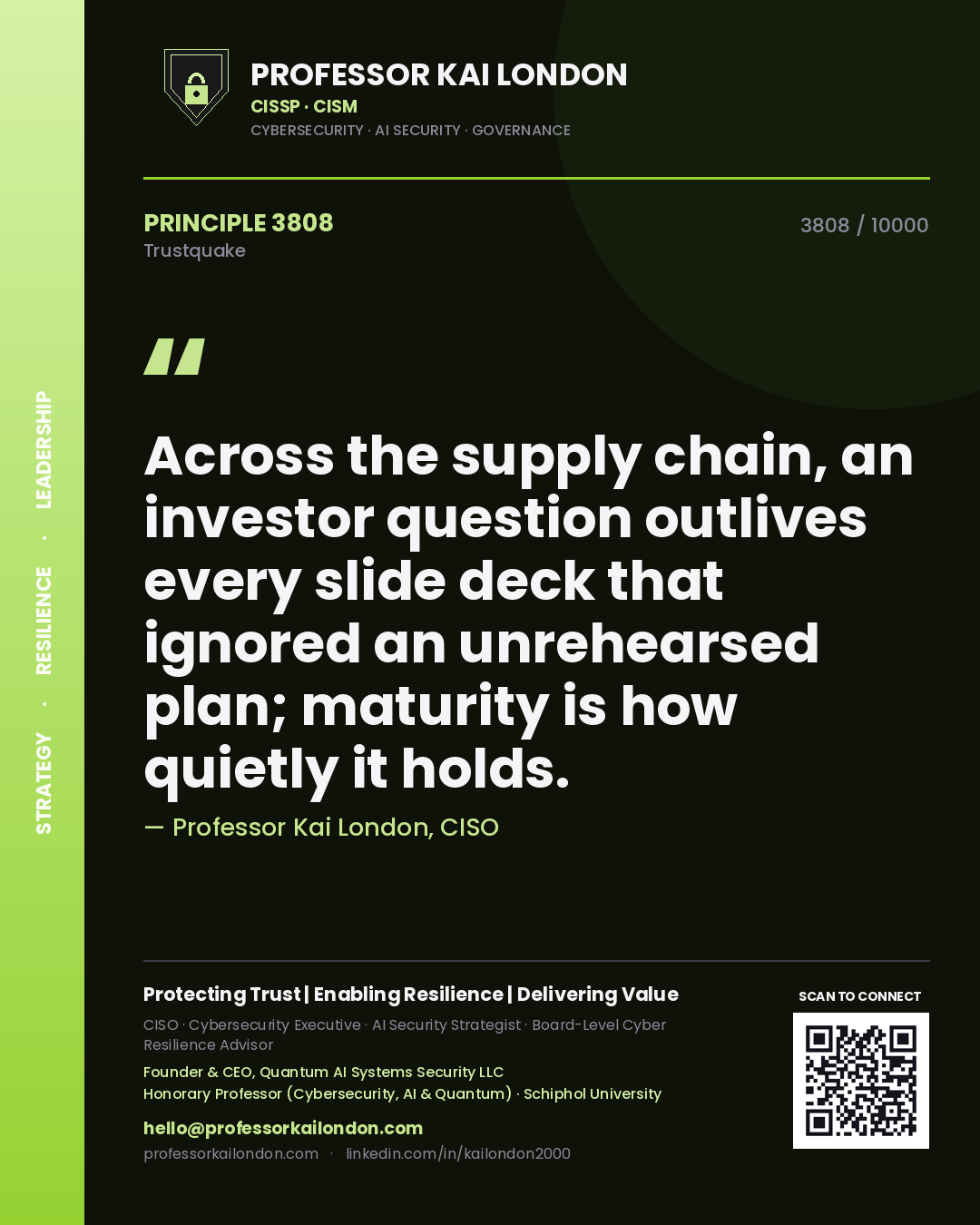 Professor Kai London principle 3808: Across the supply chain, an investor question outlives every slide deck that ignored an unrehearsed plan; maturity is how quietly it holds.