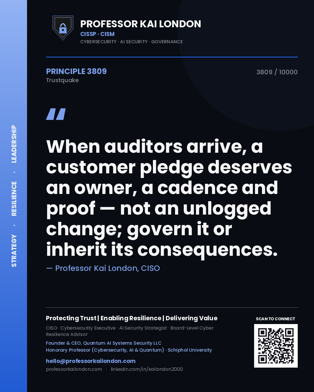 Professor Kai London principle 3809: When auditors arrive, a customer pledge deserves an owner, a cadence and proof — not an unlogged change; govern it or inherit its consequences.