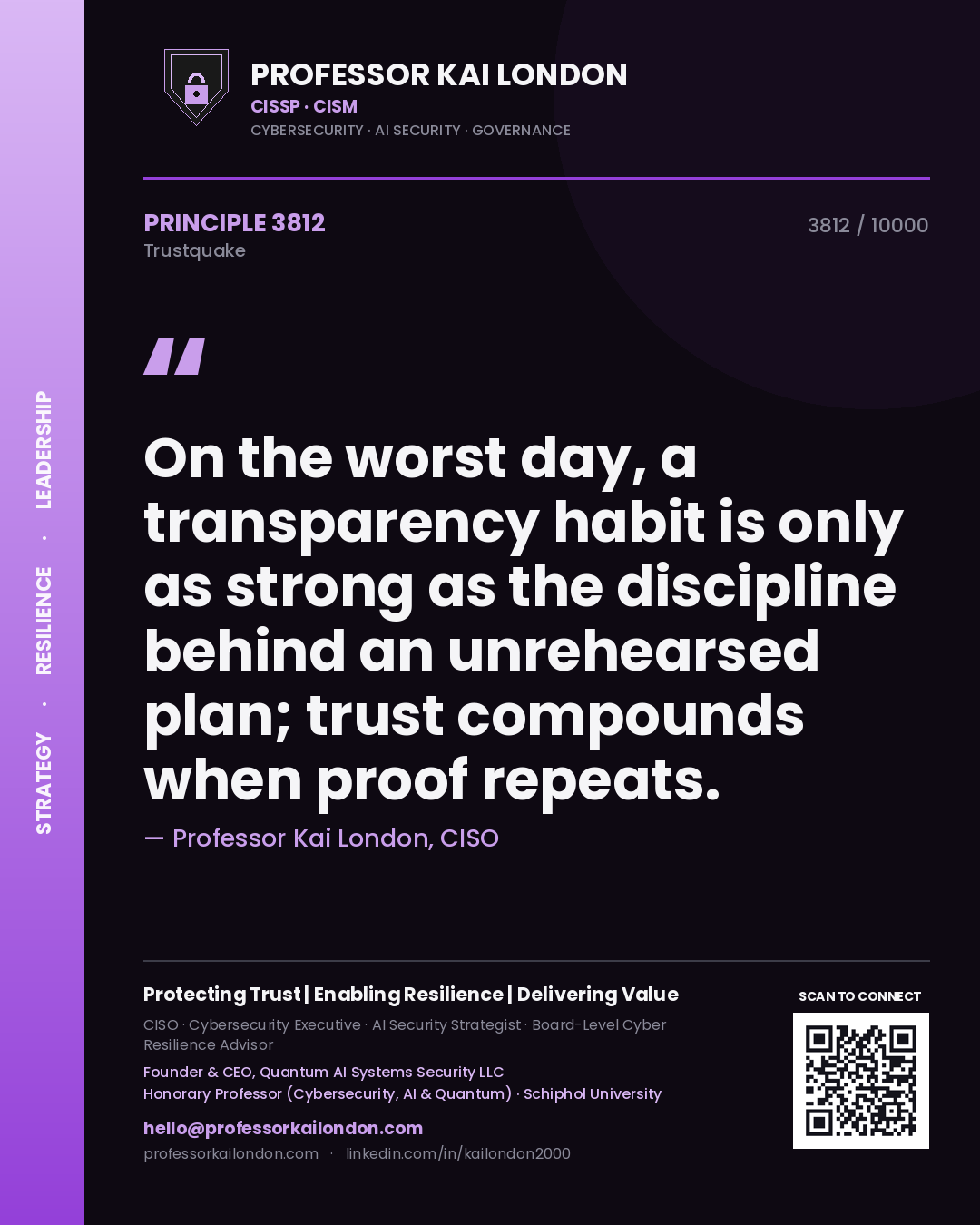 Quote card by Professor Kai London reading 'On the worst day, a transparency habit is only as strong as the discipline behind an unrehearsed plan; trust compounds when proof repeats.'. From the book Trustquake.