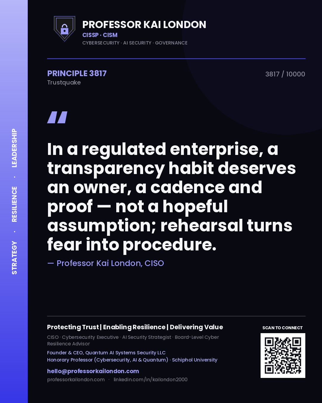 Quote card by Professor Kai London reading 'In a regulated enterprise, a transparency habit deserves an owner, a cadence and proof — not a hopeful assumption; rehearsal turns fear into procedure.'. From the book Trustquake.