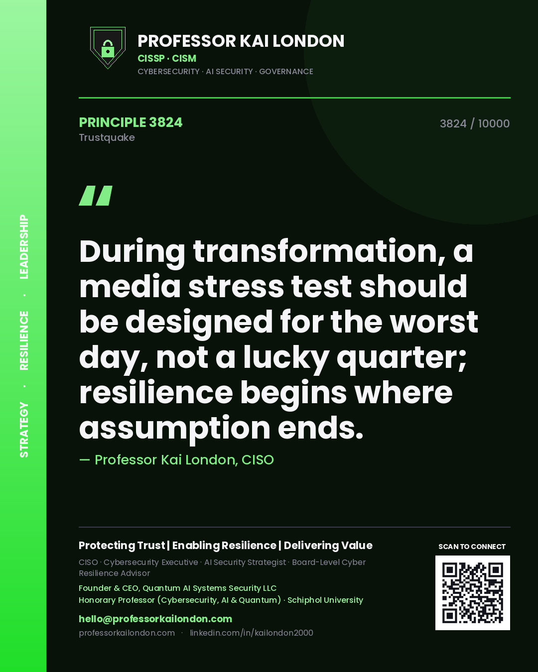 Professor Kai London principle 3824: During transformation, a media stress test should be designed for the worst day, not a lucky quarter; resilience begins where assumption ends.