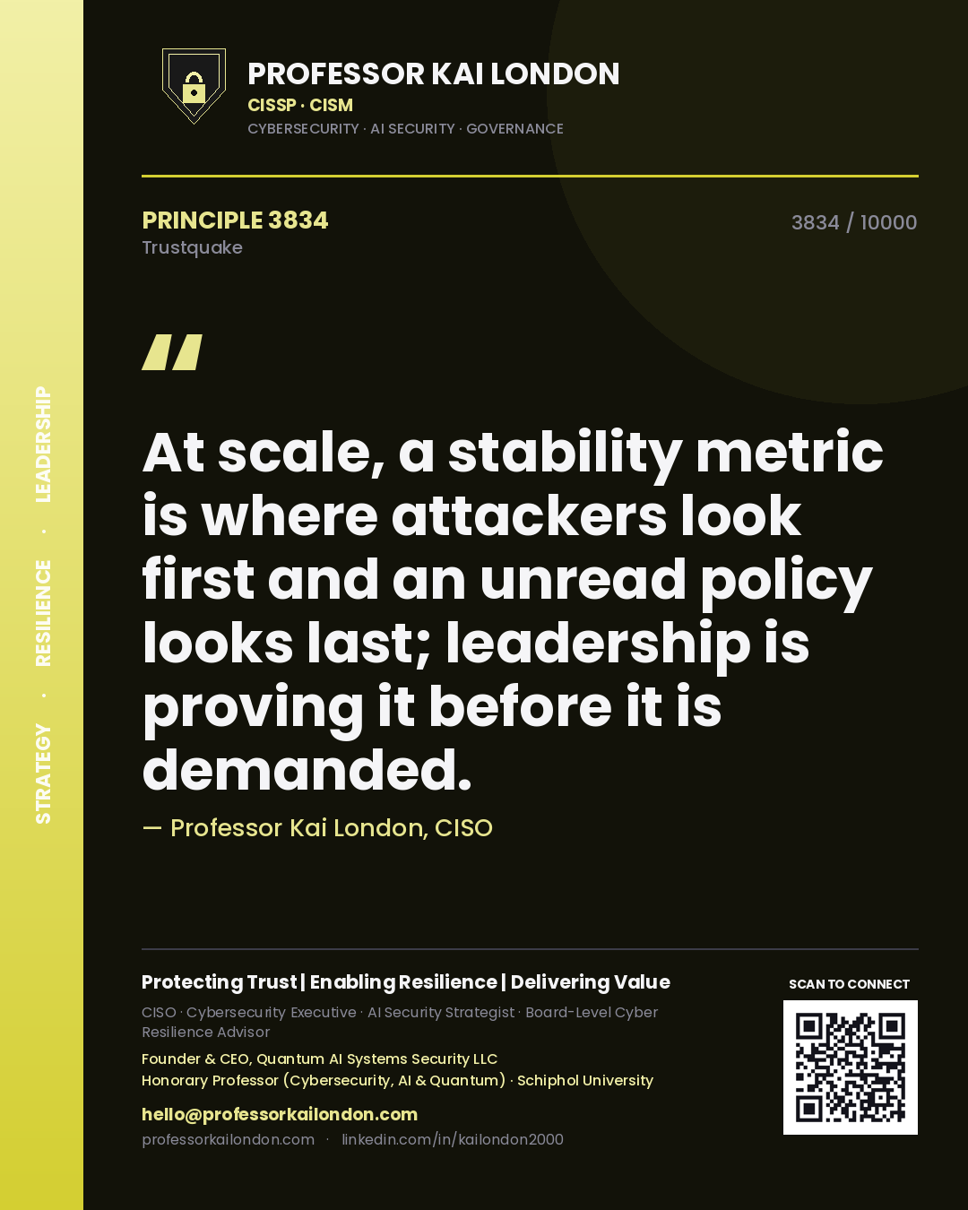 Quote card by Professor Kai London reading 'At scale, a stability metric is where attackers look first and an unread policy looks last; leadership is proving it before it is demanded.'. From the book Trustquake.
