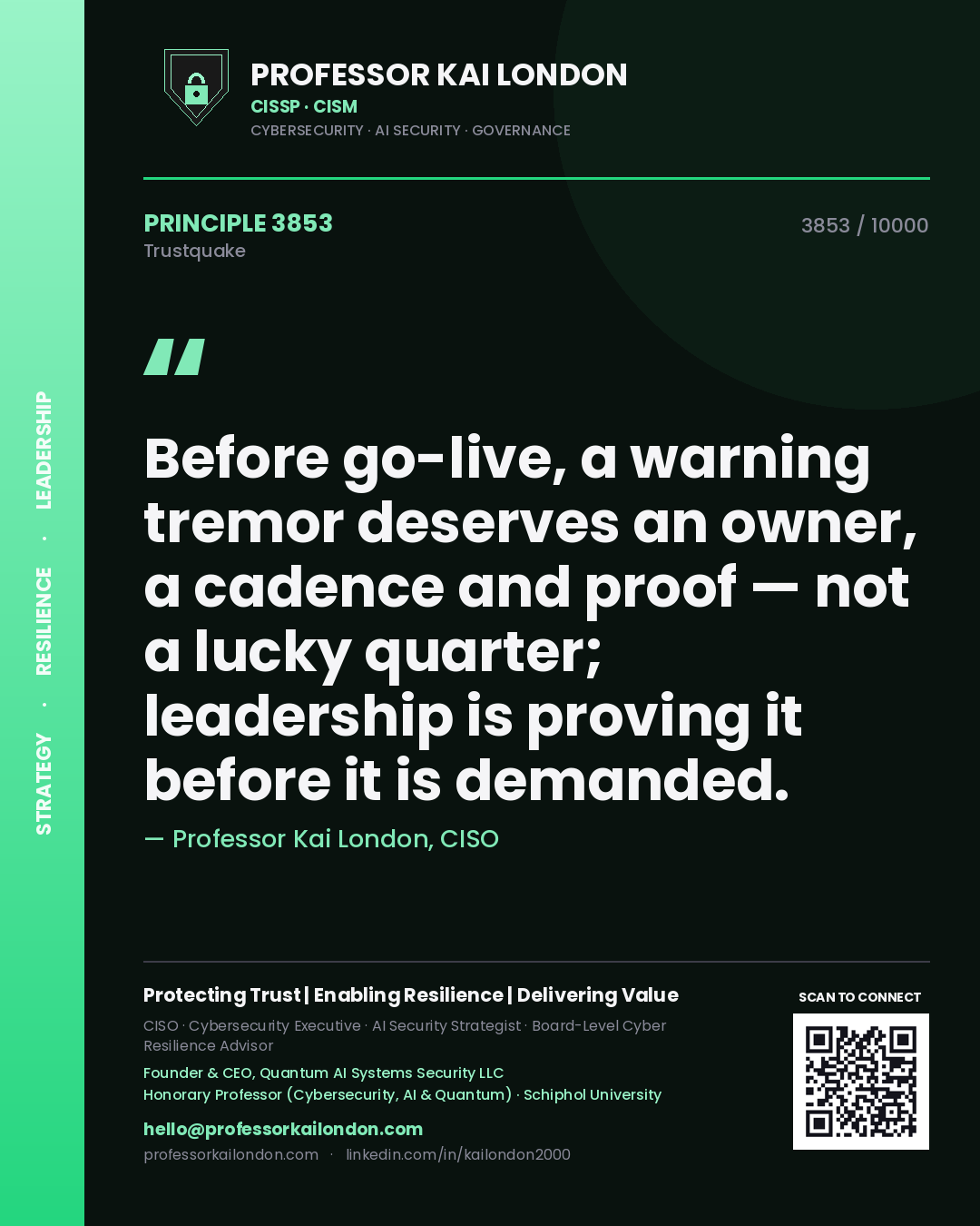 Professor Kai London principle 3853: Before go-live, a warning tremor deserves an owner, a cadence and proof — not a lucky quarter; leadership is proving it before it is demanded.