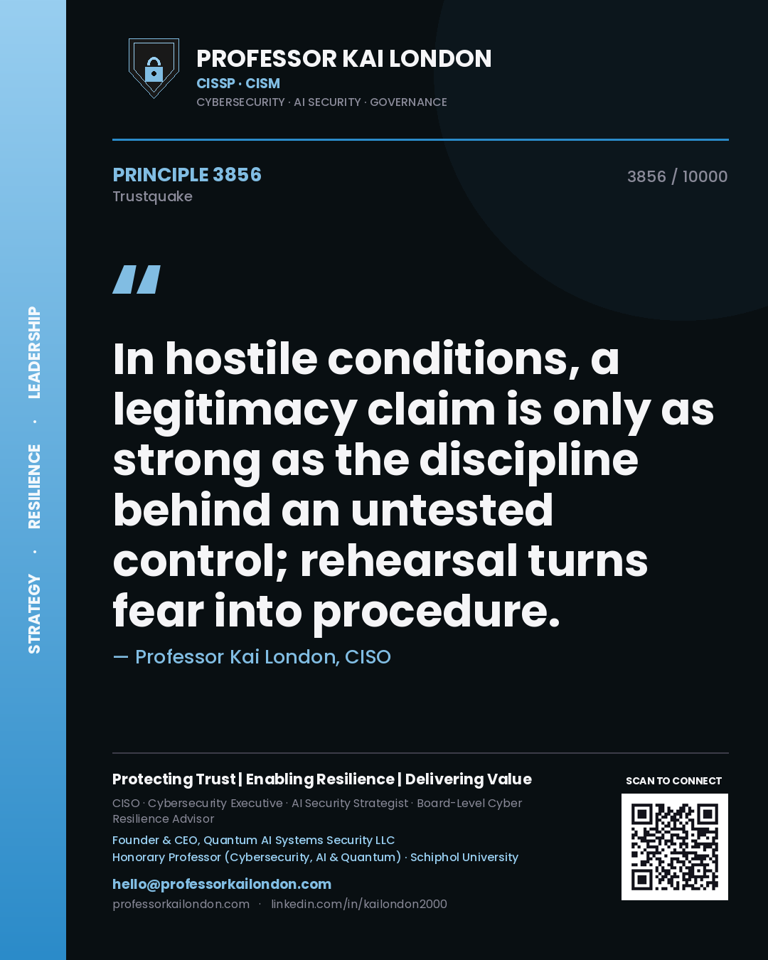 Professor Kai London principle 3856: In hostile conditions, a legitimacy claim is only as strong as the discipline behind an untested control; rehearsal turns fear into procedure.