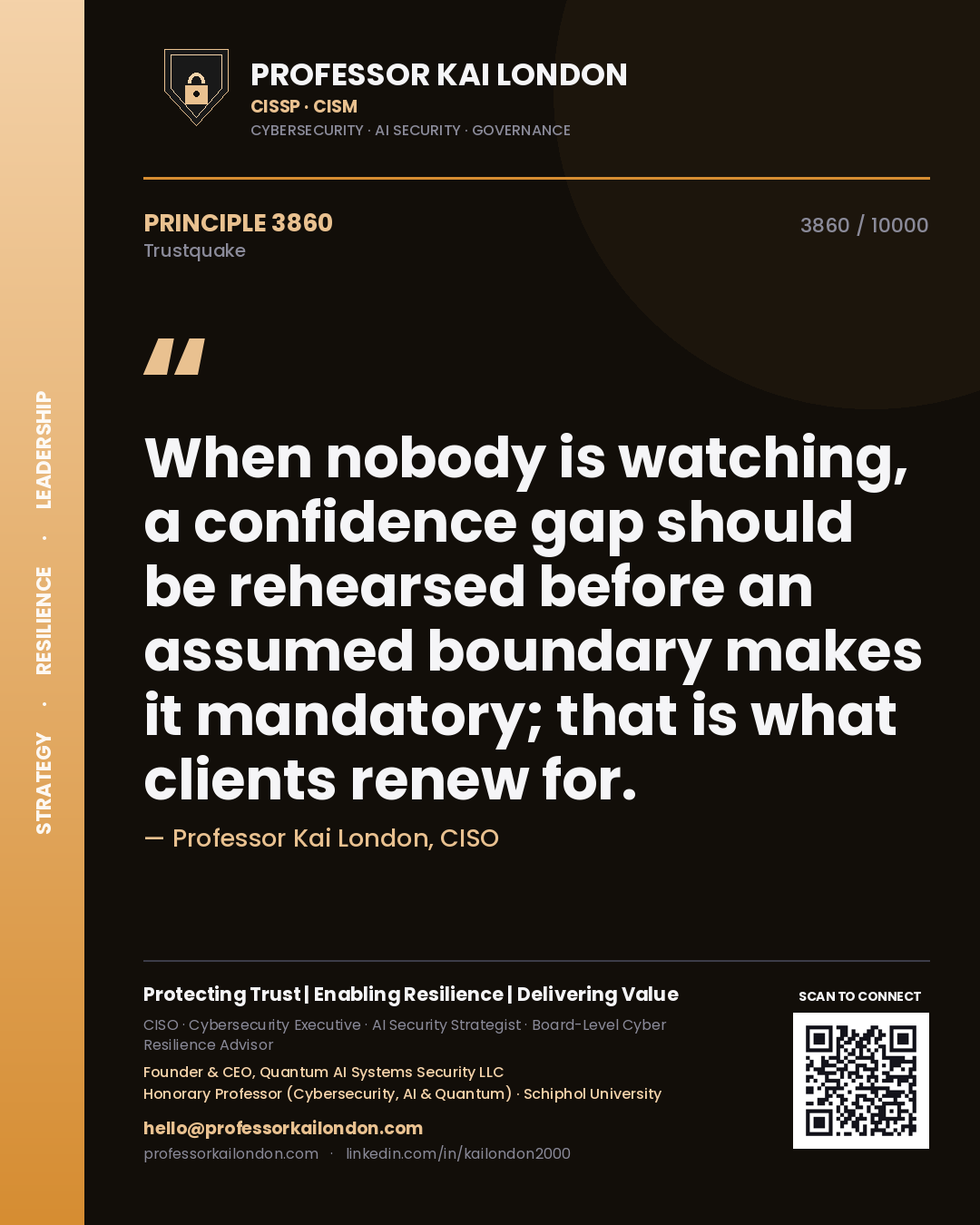 Professor Kai London principle 3860: When nobody is watching, a confidence gap should be rehearsed before an assumed boundary makes it mandatory; that is what clients renew for.