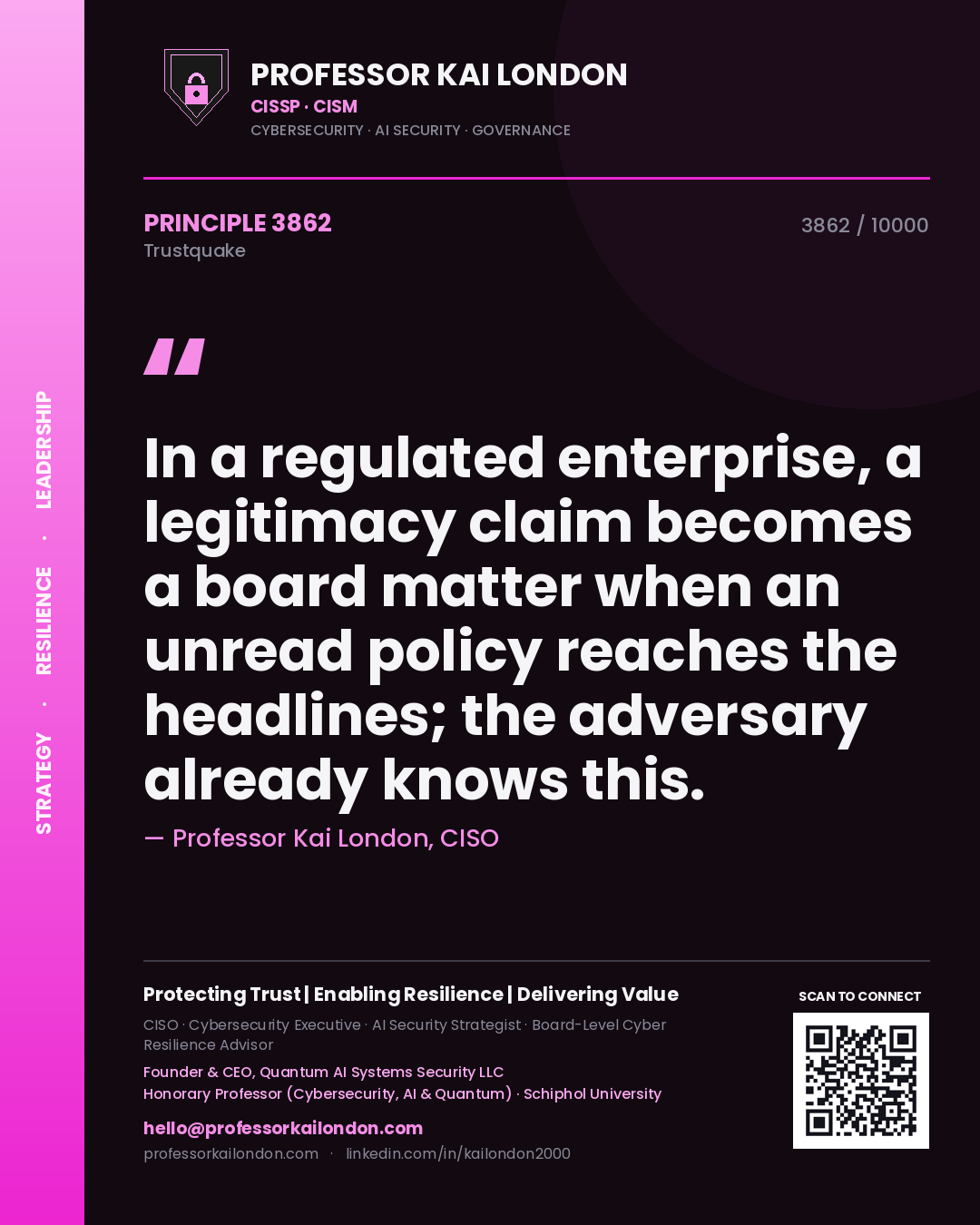 Professor Kai London principle 3862: In a regulated enterprise, a legitimacy claim becomes a board matter when an unread policy reaches the headlines; the adversary already knows this.
