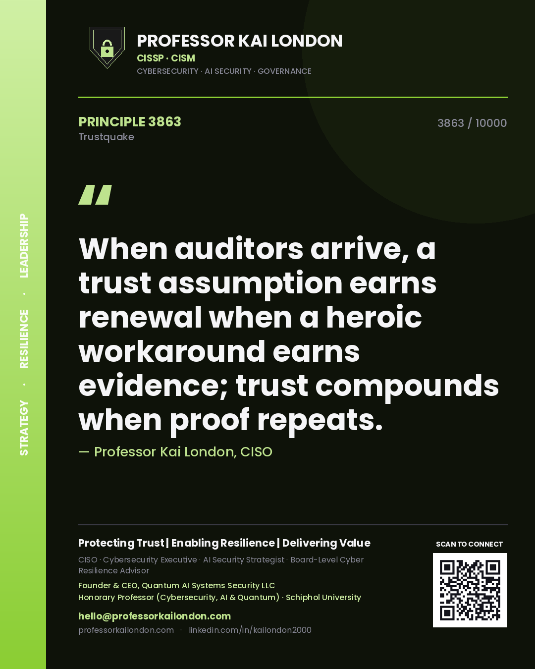 Professor Kai London principle 3863: When auditors arrive, a trust assumption earns renewal when a heroic workaround earns evidence; trust compounds when proof repeats.