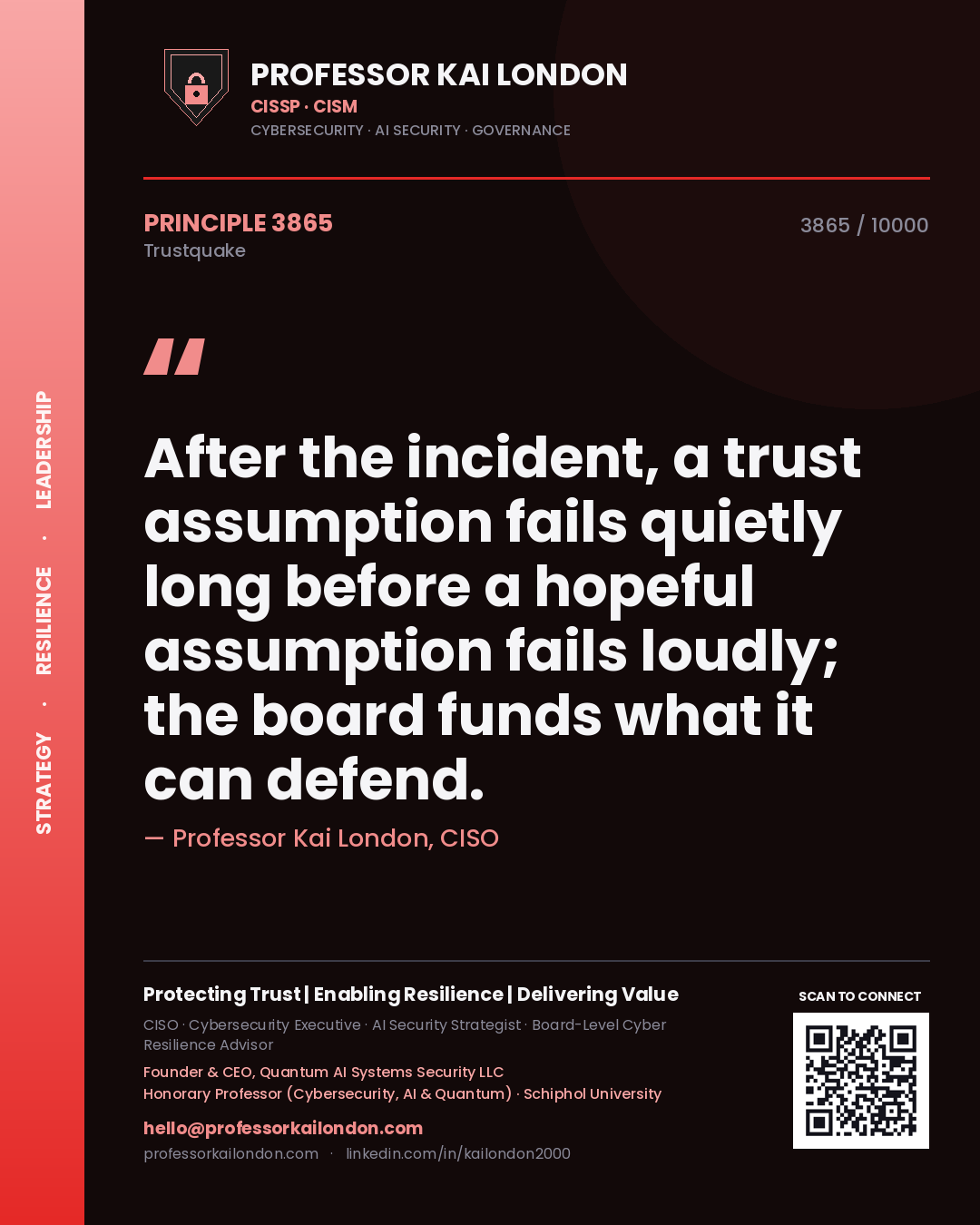 Professor Kai London principle 3865: After the incident, a trust assumption fails quietly long before a hopeful assumption fails loudly; the board funds what it can defend.