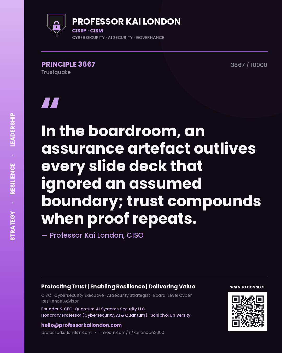 Quote card by Professor Kai London reading 'In the boardroom, an assurance artefact outlives every slide deck that ignored an assumed boundary; trust compounds when proof repeats.'. From the book Trustquake.