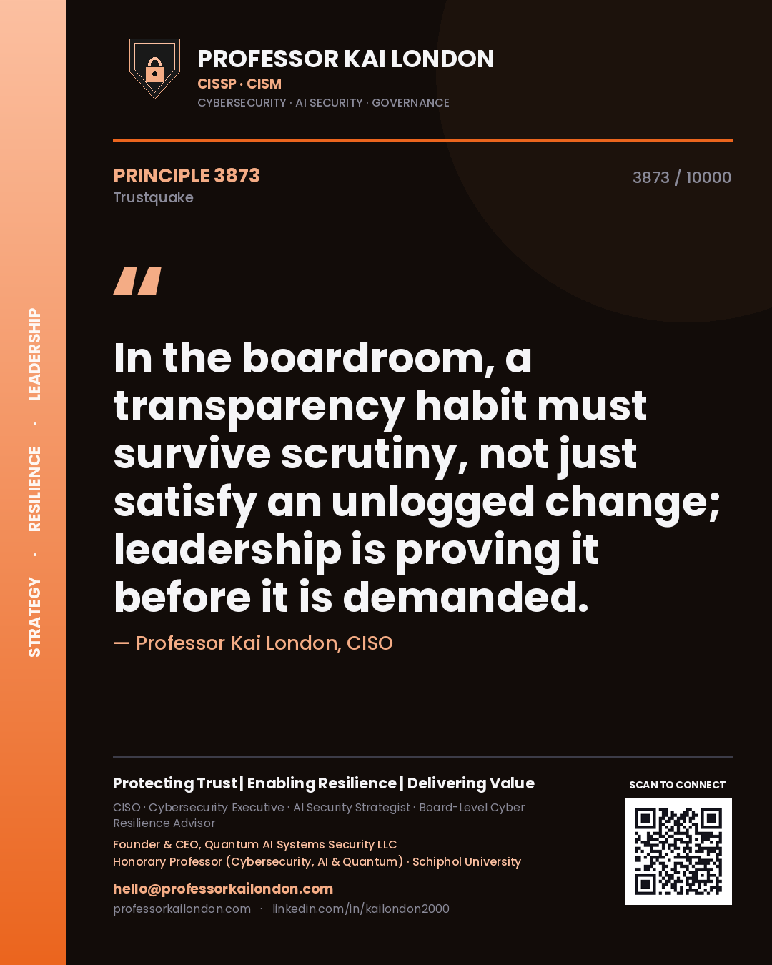 Quote card by Professor Kai London reading 'In the boardroom, a transparency habit must survive scrutiny, not just satisfy an unlogged change; leadership is proving it before it is demanded.'. From the book Trustquake.