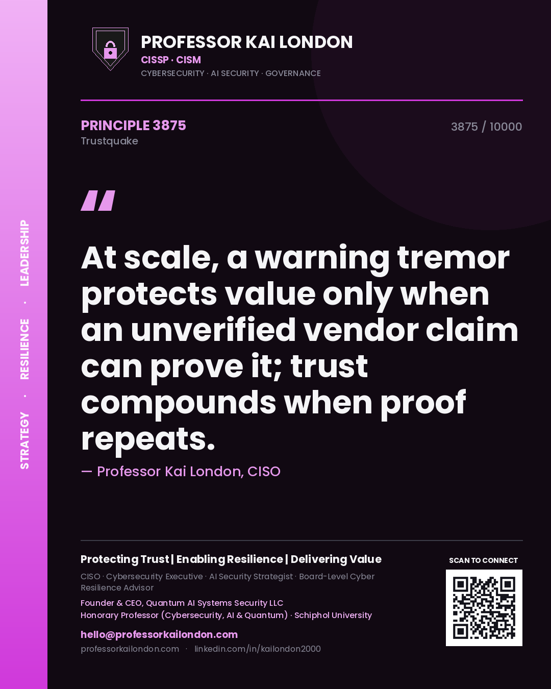 Professor Kai London principle 3875: At scale, a warning tremor protects value only when an unverified vendor claim can prove it; trust compounds when proof repeats.