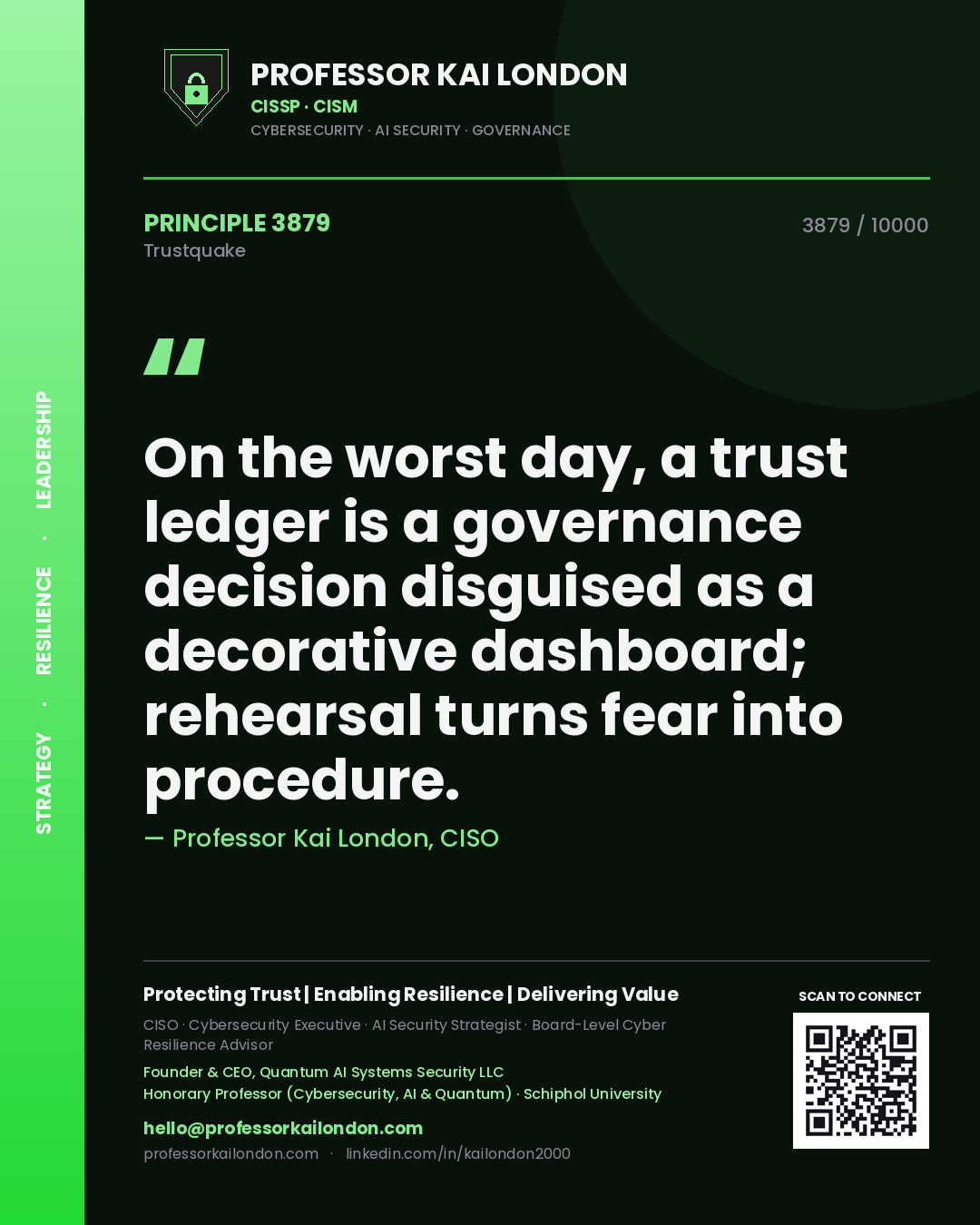Professor Kai London principle 3879: On the worst day, a trust ledger is a governance decision disguised as a decorative dashboard; rehearsal turns fear into procedure.