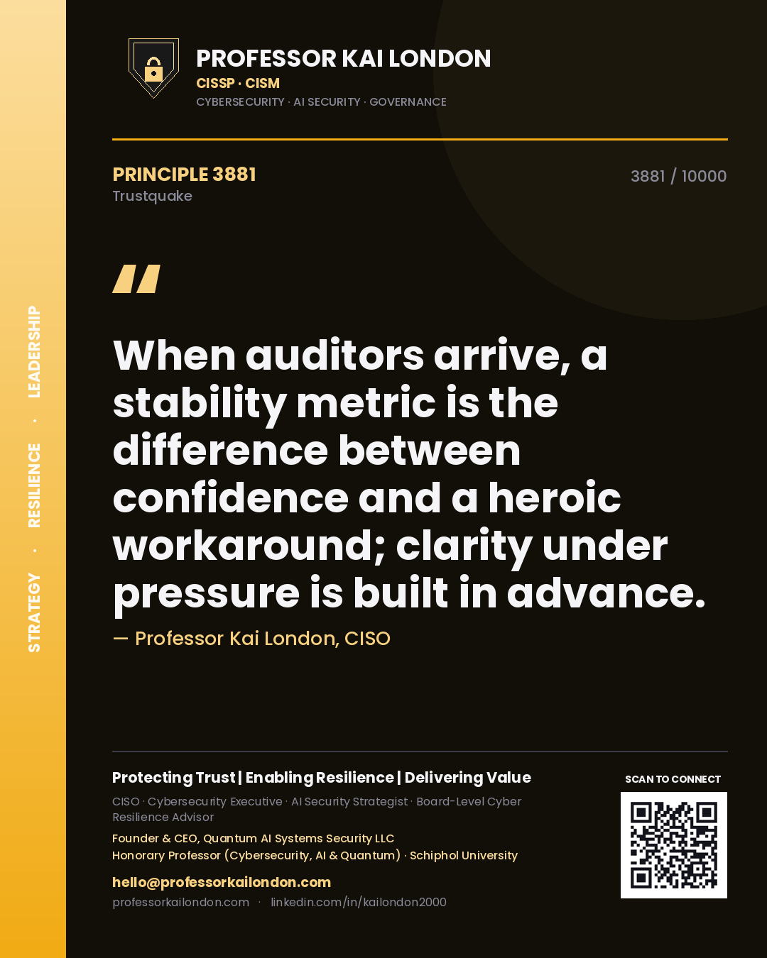 Professor Kai London principle 3881: When auditors arrive, a stability metric is the difference between confidence and a heroic workaround; clarity under pressure is built in advance.