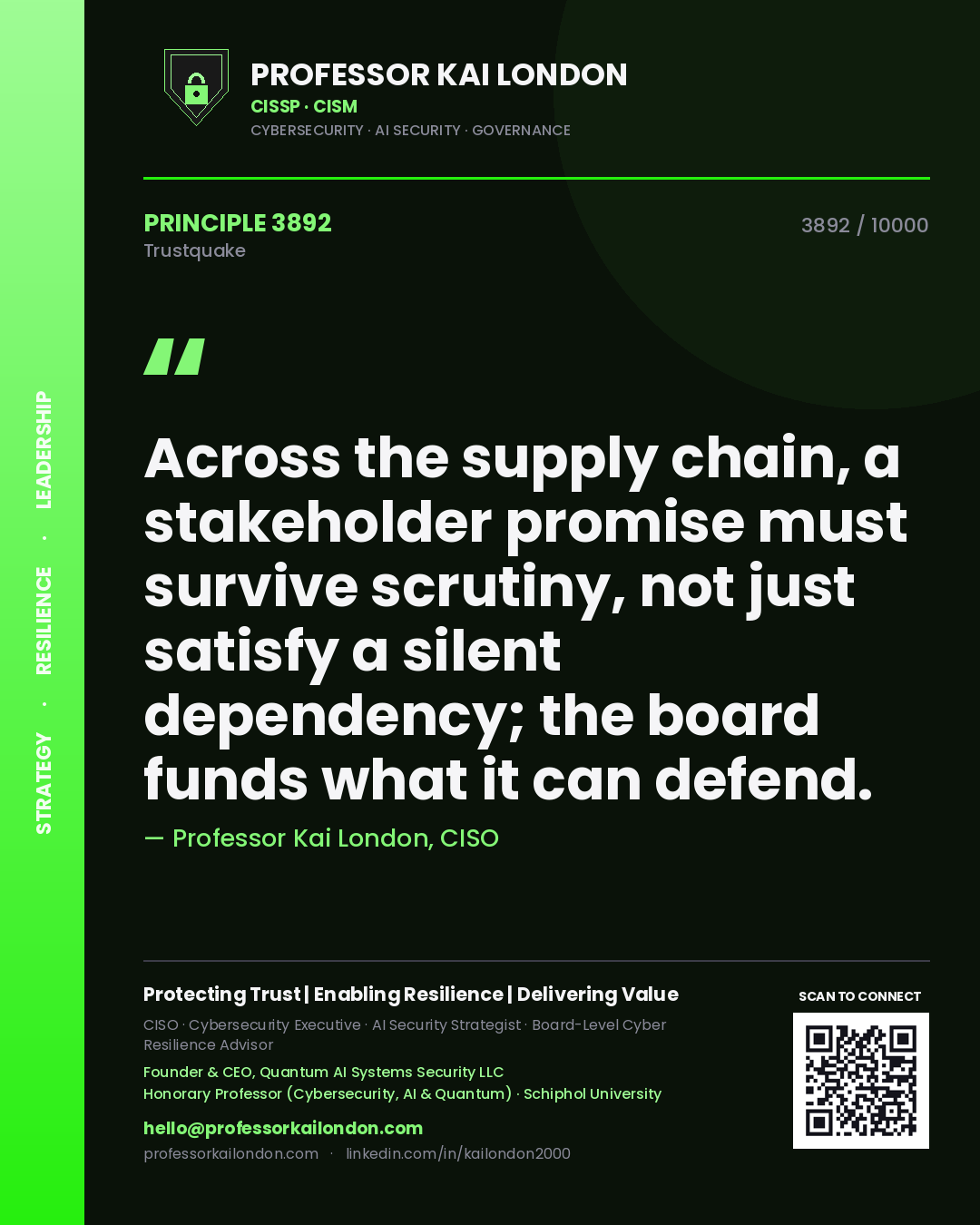 Professor Kai London principle 3892: Across the supply chain, a stakeholder promise must survive scrutiny, not just satisfy a silent dependency; the board funds what it can defend.