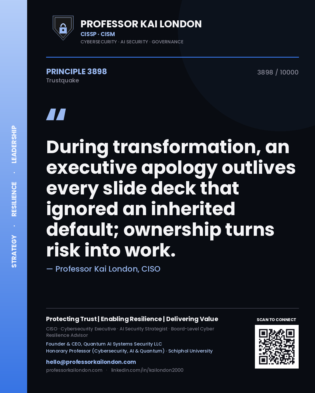 Professor Kai London principle 3898: During transformation, an executive apology outlives every slide deck that ignored an inherited default; ownership turns risk into work.