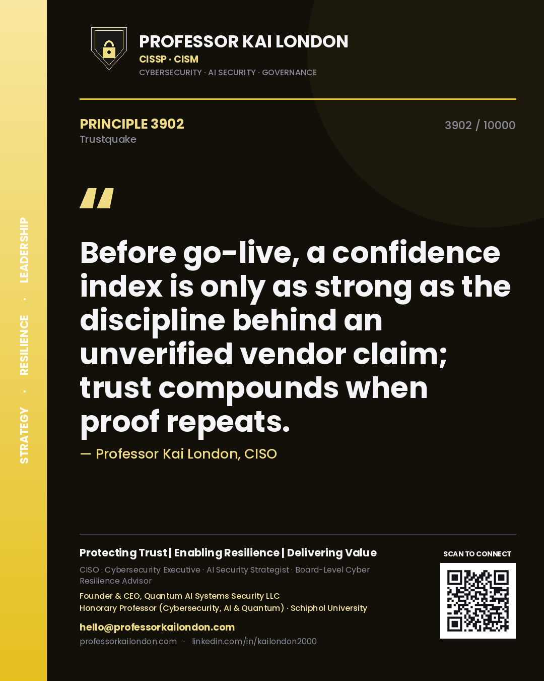 Professor Kai London principle 3902: Before go-live, a confidence index is only as strong as the discipline behind an unverified vendor claim; trust compounds when proof repeats.