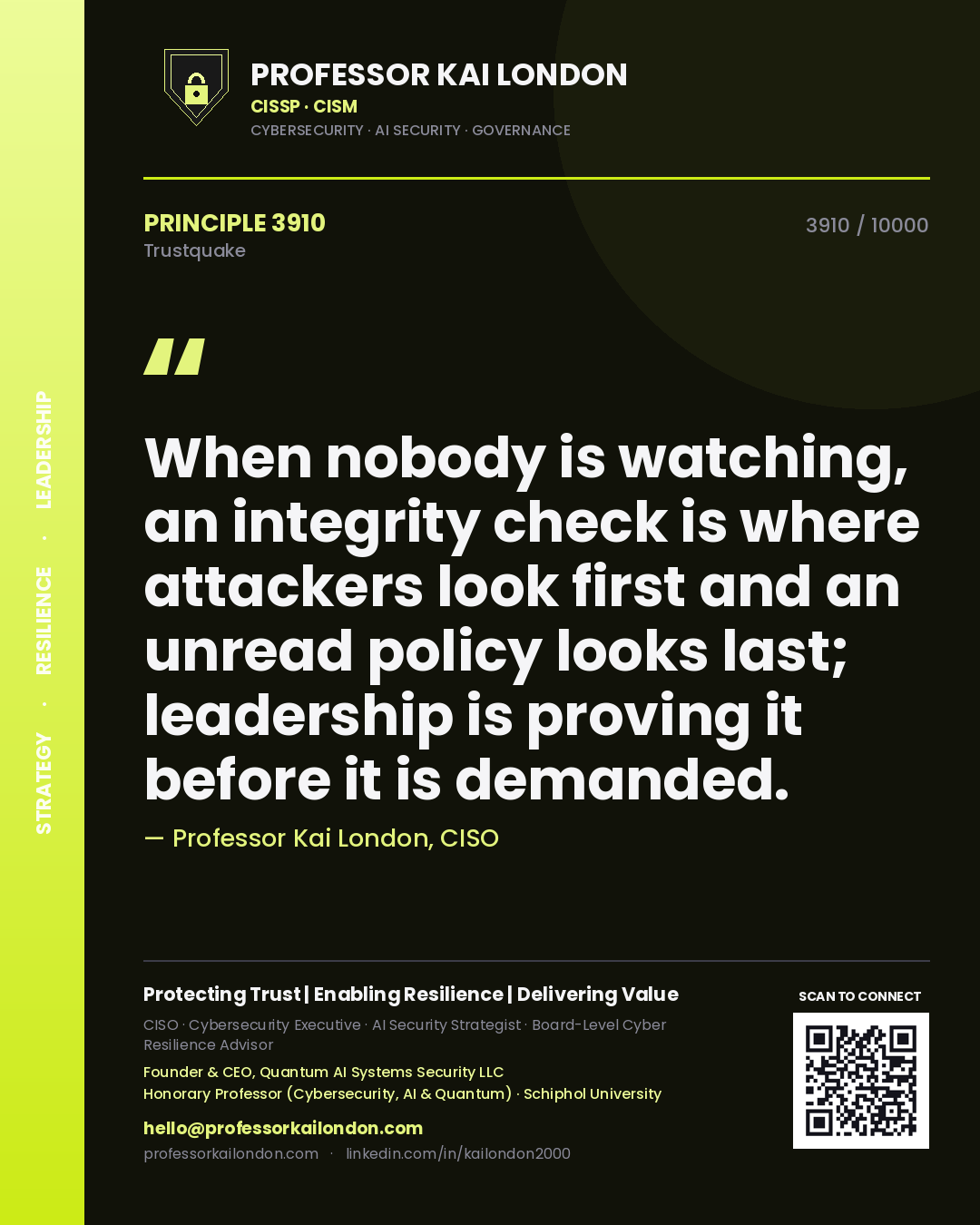 Professor Kai London principle 3910: When nobody is watching, an integrity check is where attackers look first and an unread policy looks last; leadership is proving it before it is demanded.