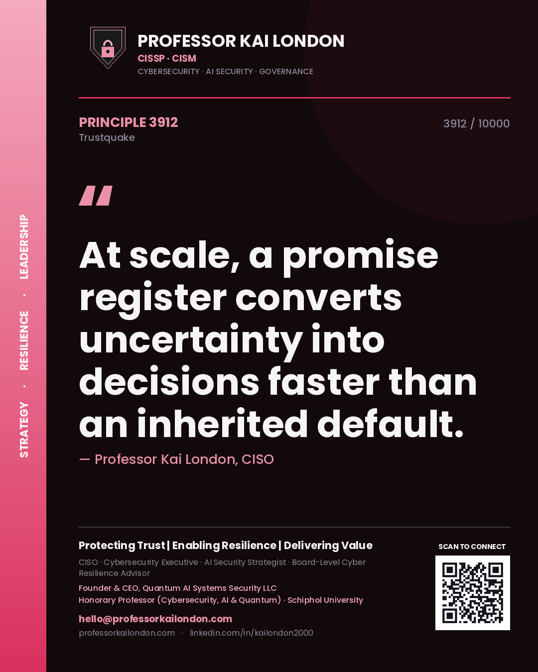 Quote card by Professor Kai London reading 'At scale, a promise register converts uncertainty into decisions faster than an inherited default.'. From the book Trustquake.