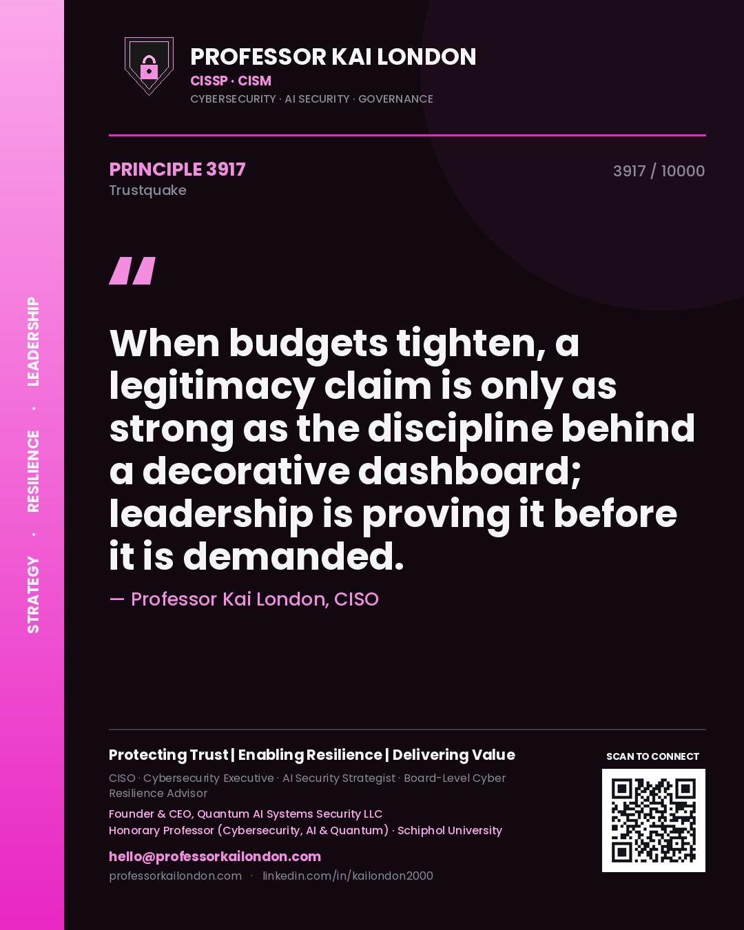 Quote card by Professor Kai London reading 'When budgets tighten, a legitimacy claim is only as strong as the discipline behind a decorative dashboard; leadership is proving it before it is demanded.'. From the book Trustquake.