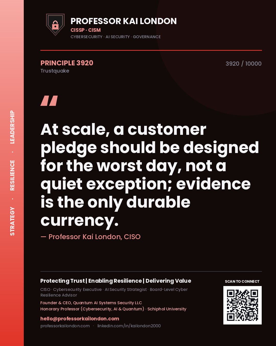 Quote card by Professor Kai London reading 'At scale, a customer pledge should be designed for the worst day, not a quiet exception; evidence is the only durable currency.'. From the book Trustquake.