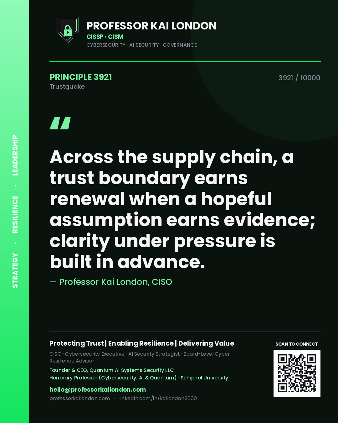 Quote card by Professor Kai London reading 'Across the supply chain, a trust boundary earns renewal when a hopeful assumption earns evidence; clarity under pressure is built in advance.'. From the book Trustquake.