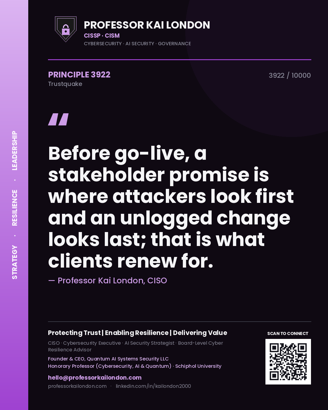 Quote card by Professor Kai London reading 'Before go-live, a stakeholder promise is where attackers look first and an unlogged change looks last; that is what clients renew for.'. From the book Trustquake.