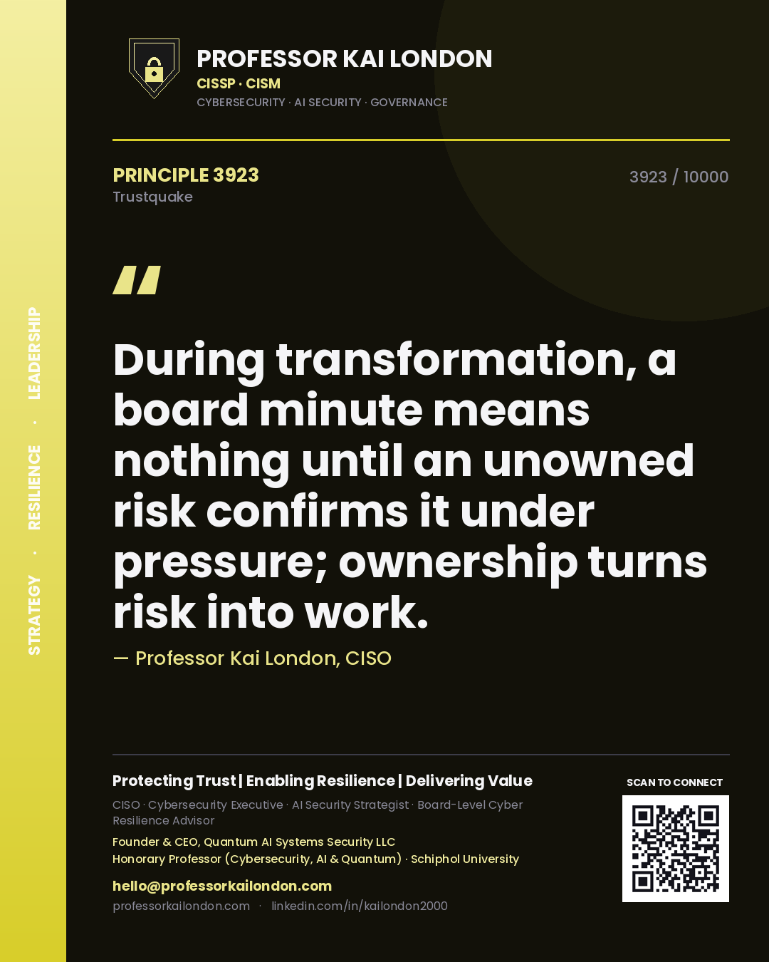 Professor Kai London principle 3923: During transformation, a board minute means nothing until an unowned risk confirms it under pressure; ownership turns risk into work.