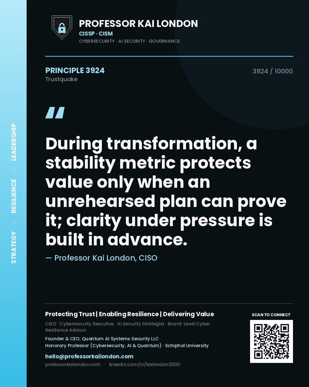 Quote card by Professor Kai London reading 'During transformation, a stability metric protects value only when an unrehearsed plan can prove it; clarity under pressure is built in advance.'. From the book Trustquake.