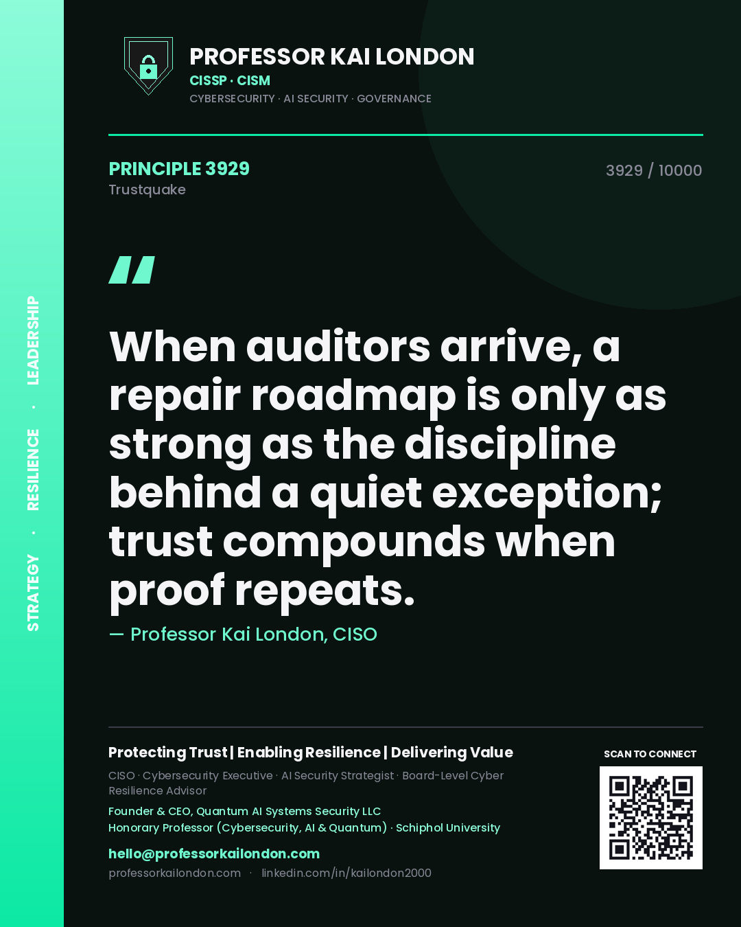 Quote card by Professor Kai London reading 'When auditors arrive, a repair roadmap is only as strong as the discipline behind a quiet exception; trust compounds when proof repeats.'. From the book Trustquake.