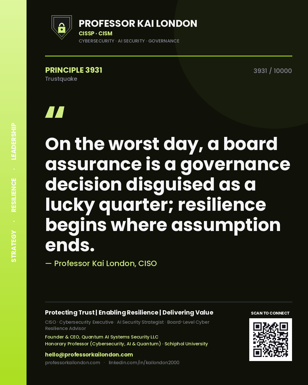 Quote card by Professor Kai London reading 'On the worst day, a board assurance is a governance decision disguised as a lucky quarter; resilience begins where assumption ends.'. From the book Trustquake.