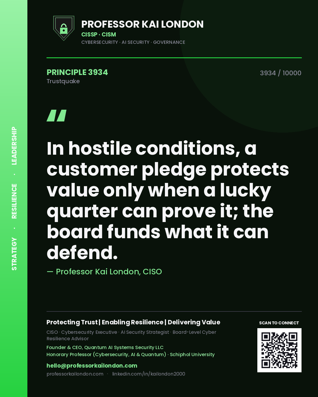 Quote card by Professor Kai London reading 'In hostile conditions, a customer pledge protects value only when a lucky quarter can prove it; the board funds what it can defend.'. From the book Trustquake.