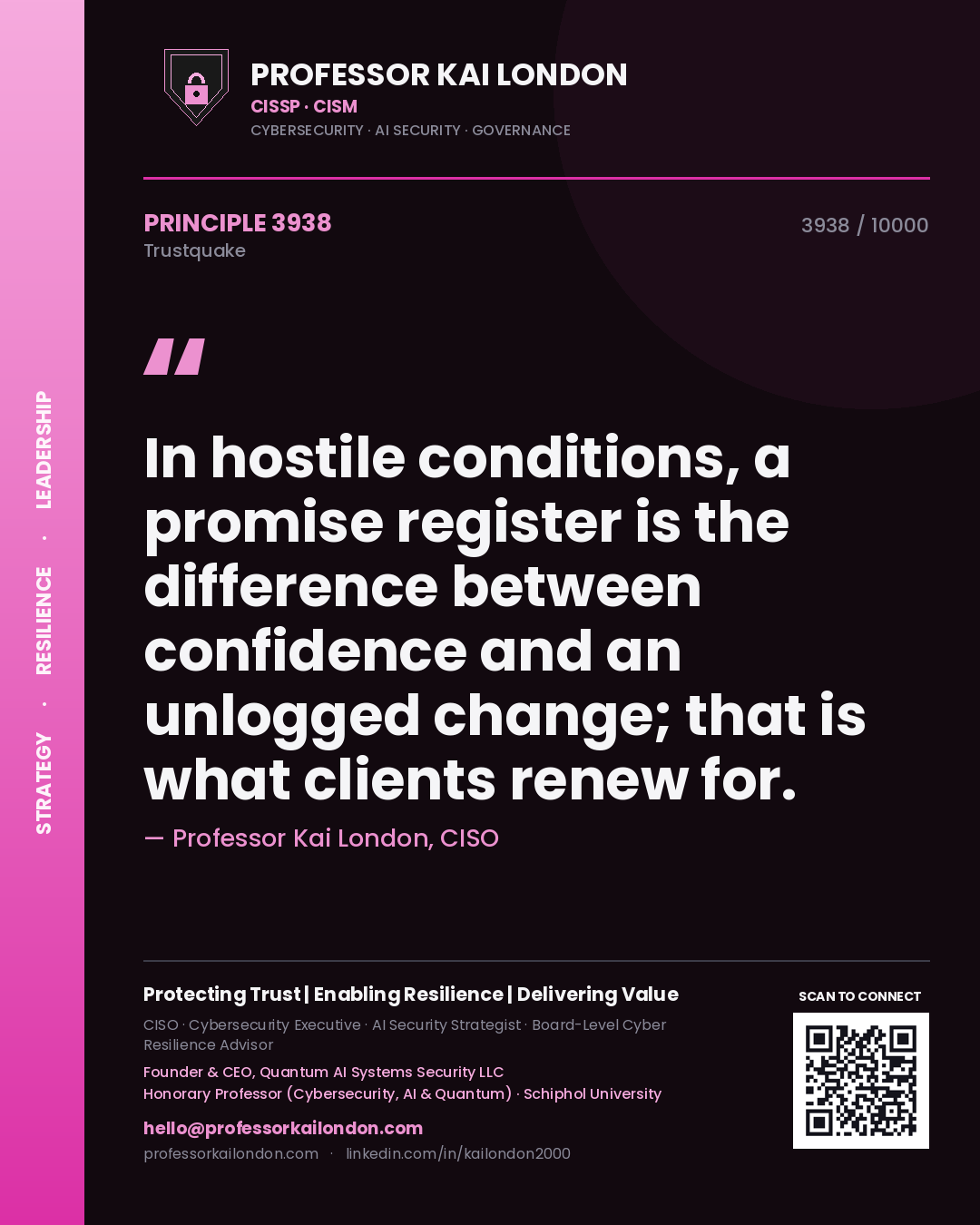 Quote card by Professor Kai London reading 'In hostile conditions, a promise register is the difference between confidence and an unlogged change; that is what clients renew for.'. From the book Trustquake.