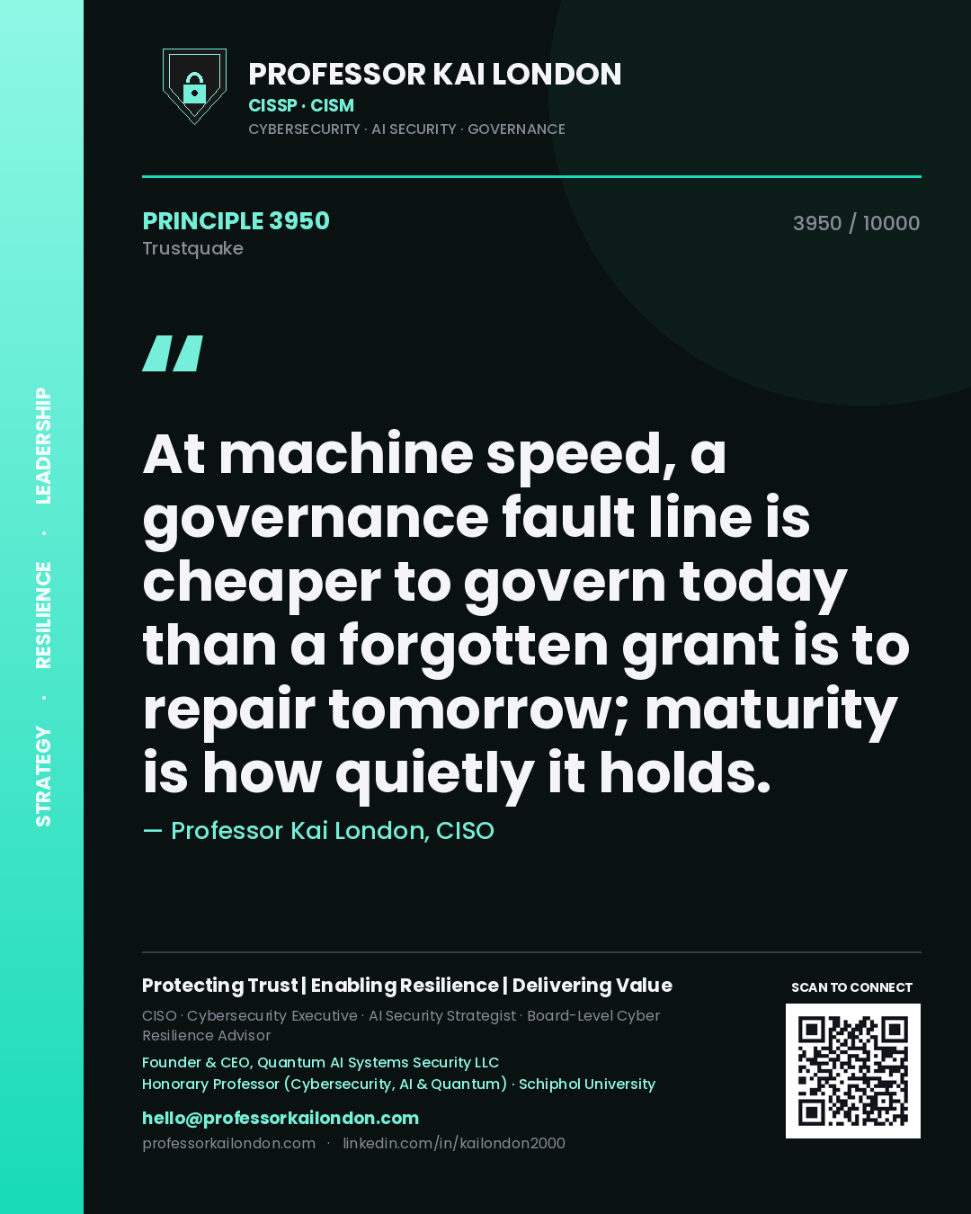 Quote card by Professor Kai London reading 'At machine speed, a governance fault line is cheaper to govern today than a forgotten grant is to repair tomorrow; maturity is how quietly it holds.'. From the book Trustquake.