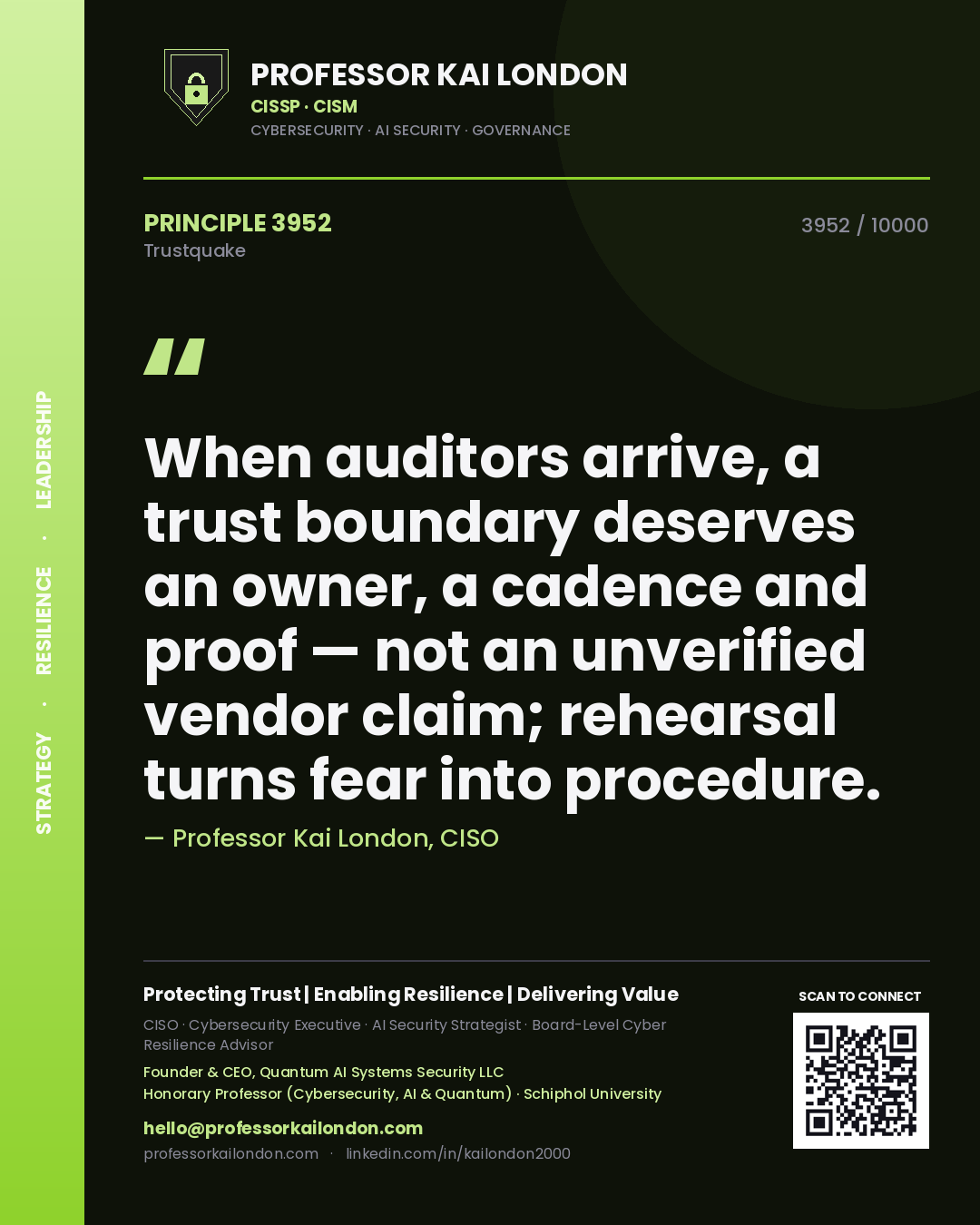 Professor Kai London principle 3952: When auditors arrive, a trust boundary deserves an owner, a cadence and proof — not an unverified vendor claim; rehearsal turns fear into procedure.