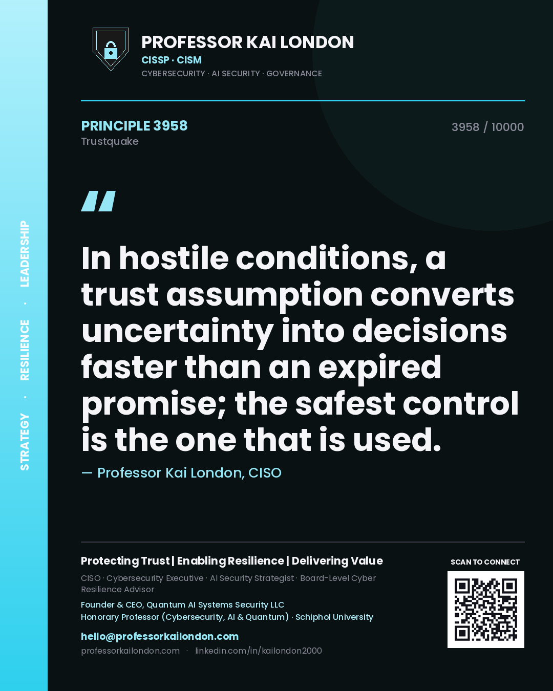 Quote card by Professor Kai London reading 'In hostile conditions, a trust assumption converts uncertainty into decisions faster than an expired promise; the safest control is the one that is used.'. From the book Trustquake.