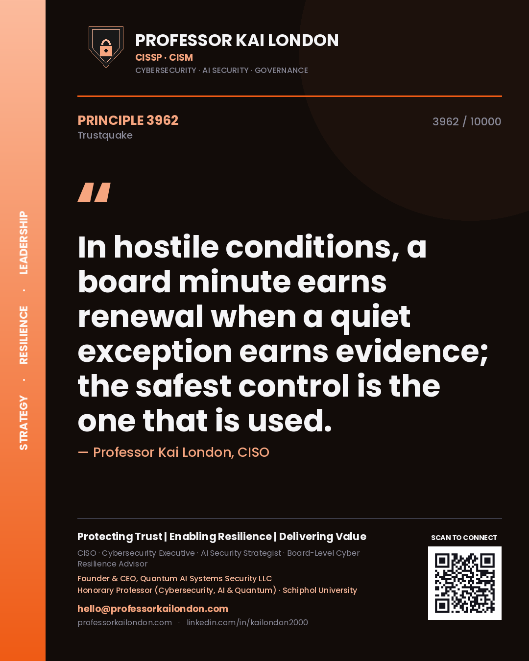Quote card by Professor Kai London reading 'In hostile conditions, a board minute earns renewal when a quiet exception earns evidence; the safest control is the one that is used.'. From the book Trustquake.