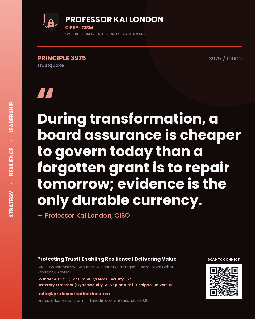 Quote card by Professor Kai London reading 'During transformation, a board assurance is cheaper to govern today than a forgotten grant is to repair tomorrow; evidence is the only durable currency.'. From the book Trustquake.