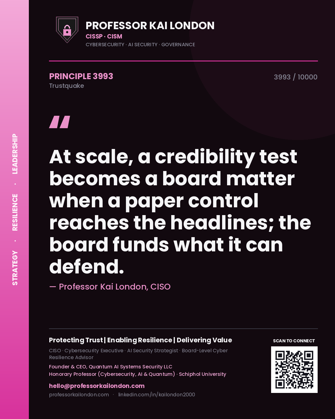 Professor Kai London principle 3993: At scale, a credibility test becomes a board matter when a paper control reaches the headlines; the board funds what it can defend.