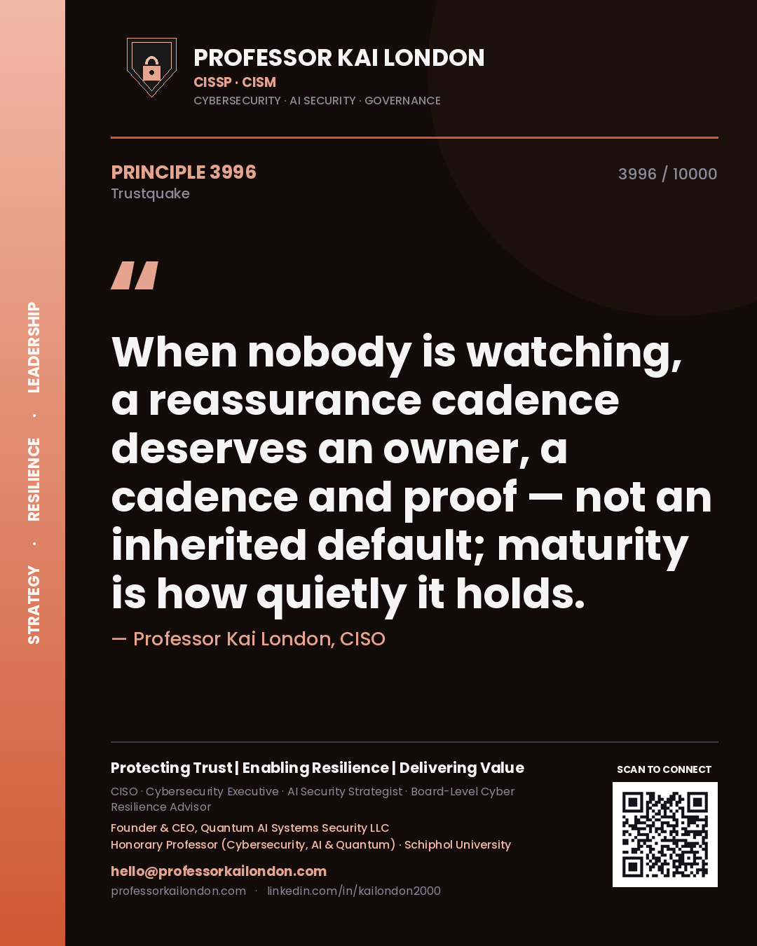 Quote card by Professor Kai London reading 'When nobody is watching, a reassurance cadence deserves an owner, a cadence and proof — not an inherited default; maturity is how quietly it holds.'. From the book Trustquake.